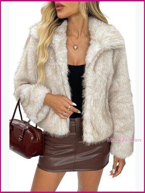 Fluffy Faux Fur Winter Coat with Lapel Collar and Pockets